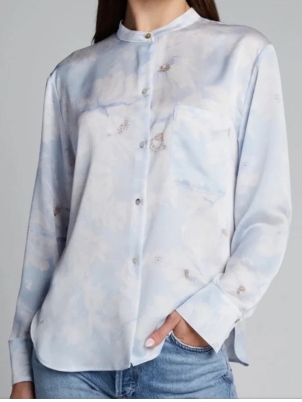 Vince Blouse Long Sleeve, Mandarin Collar, Button-down Light Blue and White  Med